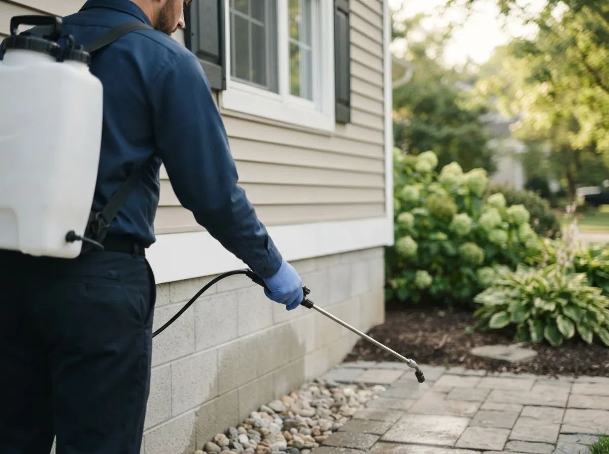 Pest control technician inspecting a home in Tipton, MI